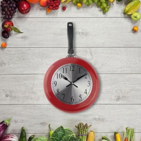 Horloge murale, 10 pouces poêle à frire en métal horloge murale de cuisine décor à la maison - avec un tournevis (rouge) (1/5)