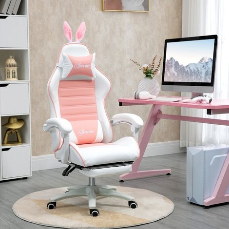 Gaming-Bürostuhl mit Hasenohren, 135° Verstellbarem Rückenlehne, Fußstütze, Kissen, Kunstleder Rosa (1/5)