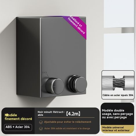 Étendoir à vêtements rétractable en fil d'acier noir de 4,2 m, sans perçage, pour salle de bain/balcon (1/5)