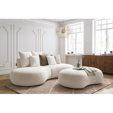 Bobochic – Canapé droit fixe 3 places SAINT-GERMAIN – Tissu bouclette doux – Structure en pin et hêtre – Confort mousse haute résilience – Avec pouf (1/5)