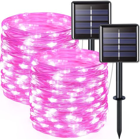 Juego de 2 guirnaldas de luces solares para exteriores, cable de cobre, resistentes al agua, 7 metros por guirnalda, 50 LED (luz rosa) (1/5)
