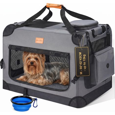 Grand Sac de Transport pour Chien et Chat – Cage de Voyage Pliable à côtés Souples pour Chien de 12 kg Maximum avec gamelle Pliable, bandoulière et Poches de Rangement, Gris,M (1/5)