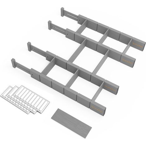 Séparateurs de tiroir en bambou avec inserts et étiquettes, organiseurs de tiroir réglables pour la maison, le bureau, les commodes, 4 séparateurs avec 9 inserts (43,2 à 55,9 cm, gris) (1/5)