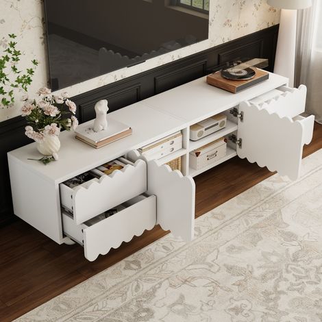 Mueble TV - blanco - diseño minimalista líneas curvas MDF y tablero de partículas almacenamiento inteligente 175x38x37cm (1/5)
