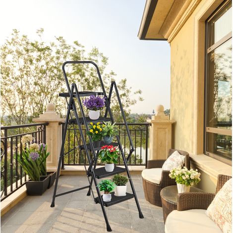 Escalera plegable de 4 peldaños con pasamanos y bandeja, acero, negra, 89 x 54 x 150 cm (1/5)