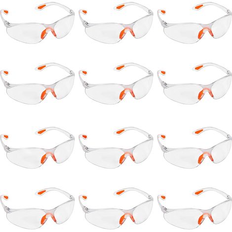 Confezione da 12 occhiali di sicurezza trasparenti - Occhiali protettivi con lenti in plastica, ponte nasale in gomma e punte delle tempie per il massimo comfort - Occhiali DPI trasparenti (1/5)