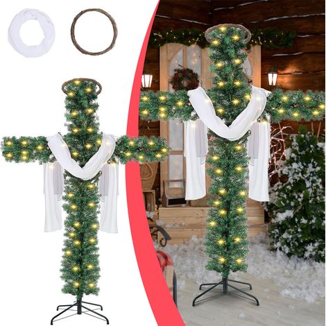 Croix de Noël Pliable, Artificielle en Pin Pré-Illuminée, Piquet Extérieur Scintillant, Guirlande Lumineuse LED et Anneau Rotin Foulard Soie (1/5)