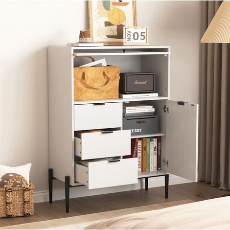 Buffet 85x40x120 cm blanc en panneaux de particules avec 3 tiroirs, 2 portes et étagères réglables (1/5)