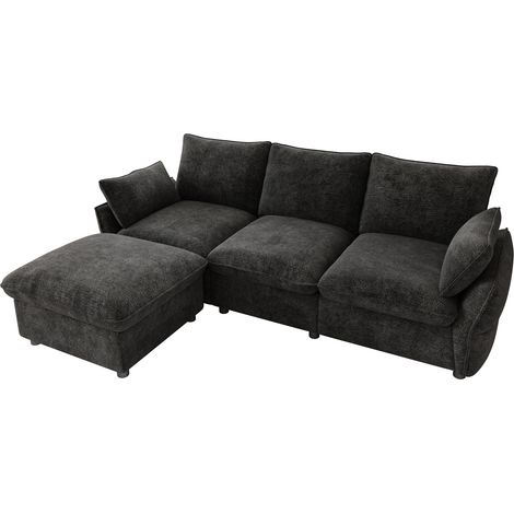 Sofá esquinero moderno de chenilla gris oscuro con otomana y 1 puf, 3 plazas (1/5)