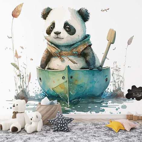 Papier peint panoramique Enfants - Panda bateau - 130 cm x 84 cm (1/4)
