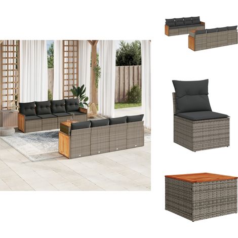 9-tlg. Garten-Sofagarnitur mit Kissen Grau Poly Rattan - Gartensortiment - Gartenmöbelset - Rattan Möbel - Outdoor Möbel - Lounge Set (1/5)