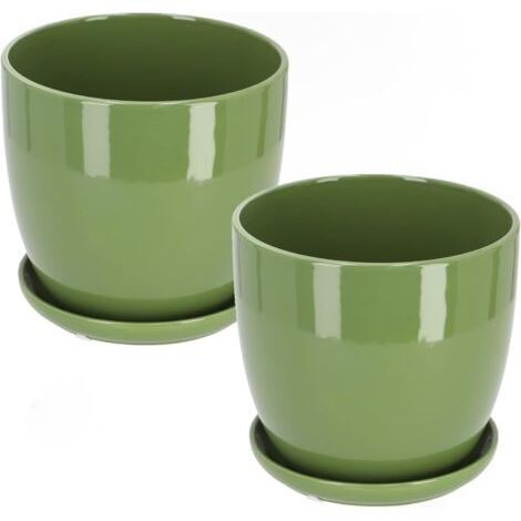 Lot de 2 pots de fleurs en céramique pour fleurs et plantes Diamètre 13 cm avec bac d'égouttement Vert-NANOTEH (1/5)