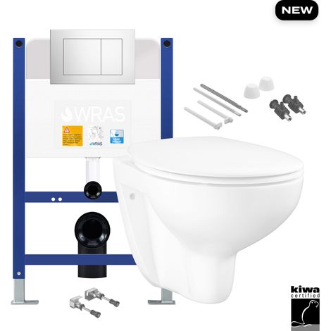 Gloss White Wall Hung Toilet with Low Height 0.75m Concealed Cistern Frame Set - Matt Black Plate (1/4)