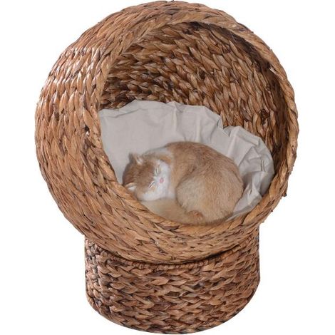 Panier en rotin pour chat avec coussin en jacinthe d'eau, 50 x 42 x 60 cm, brun, élégant et confortable pour votre félin. (1/5)