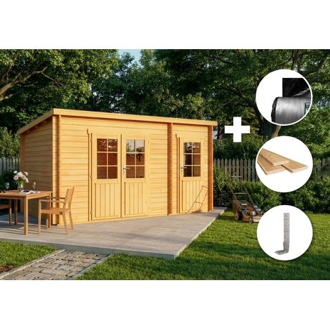 ECO Set - Abri de jardin à toit monopente Maria avec annexe imprégné Pinie Imprégné, 28 mm Épaisseur paroi 450 x 272 cm (1/4)