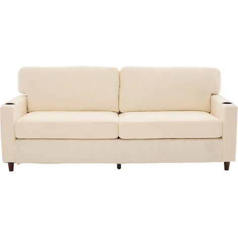 Canapé 2 places en chenille beige avec éclairage LED, USB-C, porte-boissons et poches latérales, cadre bois et métal (1/5)