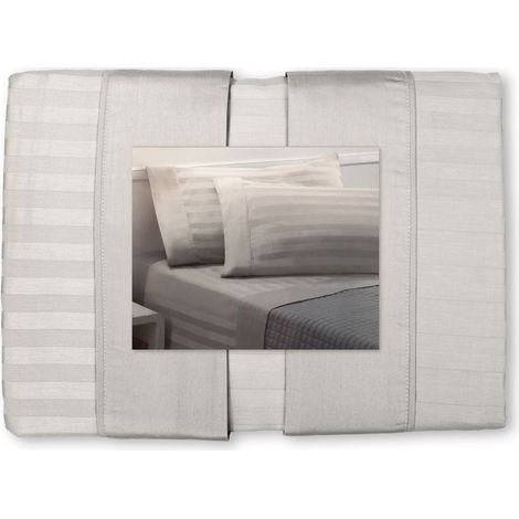 Ensemble de draps doubles en coton gris clair Levante, ensemble de draps de lit double, satin de pur coton rayé (1/5)