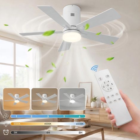 ADWOLT Ventilateur Plafond avec Lumiere et Télécommande-42"(107 cm)-5 pales -Dimmable, Silencieux,6 Vitesses, Minuterie, Silencieux,Blanc (1/5)