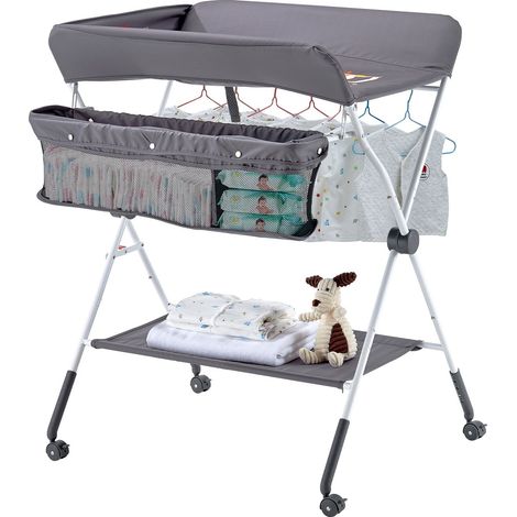 Table à Langer Pliable, Plan à Langer avec Panier Latéral et Roulettes Verrouillables, Meuble pour Bébés Réglable en Hauteur, Rangement Multifonction pour Chambres d'Enfant, Gris Foncé (1/5)