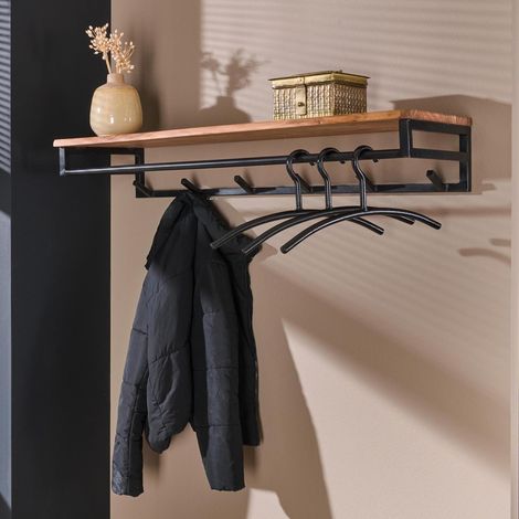 M&S – Portemanteau mural en acacia et métal 100x35x17 cm – Charge maximale 7 kg – Installation facile près de la porte d'entrée