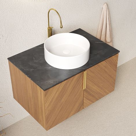 Meuble vasque mural 76 cm céramique blanche plan pierre frittée noire caisson 2 portes finition chêne brun