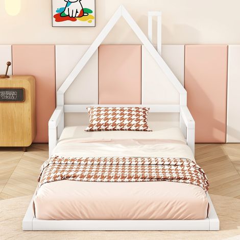 Cama infantil casita 90x200 cm moderna de pino blanco con somier de láminas (1/5)