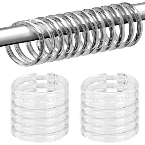 Lot de 12 anneaux de rideau de douche en plastique - Anneaux de rideau de douche - Crochets pour rideaux et tringles à rideaux - Transparent - 5 x 5 cm (1/5)