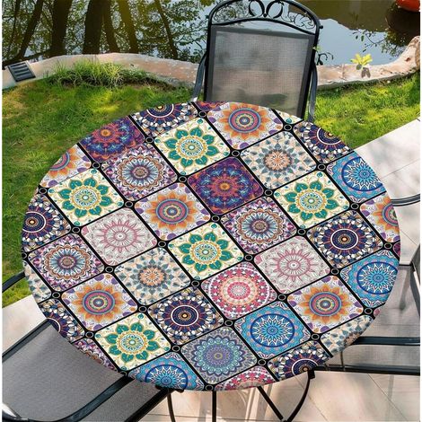 Runde Tischdecke mit Gummizug für Garten & Küche, Ø 150cm, Retro-Blumenmuster