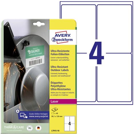Avery-Zweckform L7915-10 Etichetta a pellicola 99.1 x 139 mm Pellicola in polietilene Bianco 40 pz. A tenuta permanente (1/5)