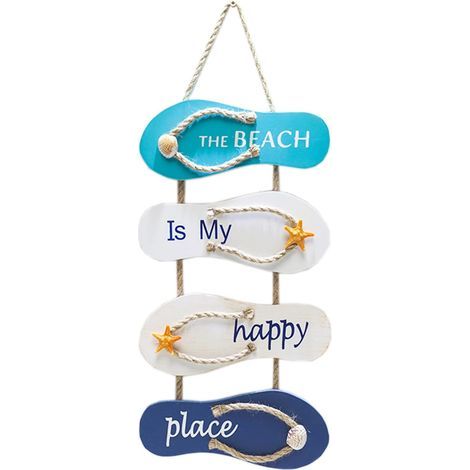 Plaque en Bois à Suspendre, Pancarte en Bois Murale, Panneau Suspendu Decoratif, Décoration Murale Bois Home, Signe de Porte Thème la Plage, Ornement Mural Nautical Beach Flip Flop, 57x22.5 cm (1/3)