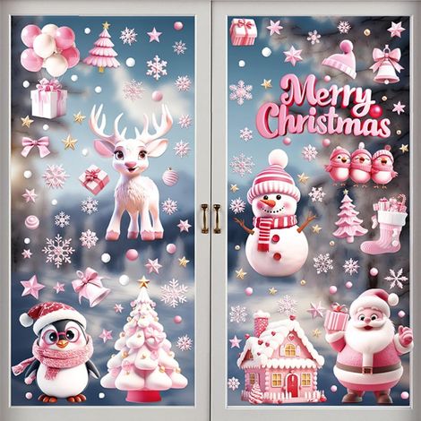 Autocollants de Noël pour fenêtre, 9 feuilles de décalcomanies recto verso représentant des scènes de Noël, décorations de Noël pour fenêtre (rose) (1/5)