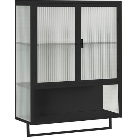 Armoire murale moderne noire 60 cm avec portes en verre, étagère ouverte et porte-serviettes (1/5)
