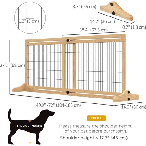 Barrière de sécurité pour animaux de compagnie en bois naturel autoportante de 104 à 183 cm avec pieds de support pour chiens de petite et moyenne taille (1/5)