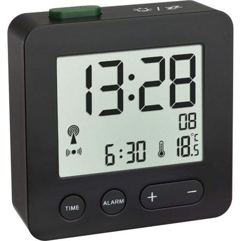 Réveil numérique, avec Horloge Radio-pilotée, fuseaux horaires réglables, réveil température et écran Lumineux, Noir (1/5)