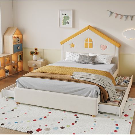 Letto per bambini 207.5x147x126.5 cm, design a casetta, 4 cassetti, velluto beige (1/5)