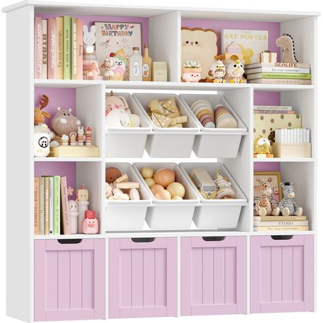 Mueble de almacenamiento de juguetes infantiles, 7 compartimentos abiertos, 4 cajones con ruedas, color morado claro. (1/2)