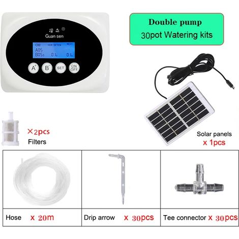 (Tuyau d'eau de 20 mètres) Système d'irrigation goutte à goutte intelligent à double pompe, minuterie de pompe à eau, énergie solaire. (1/5)