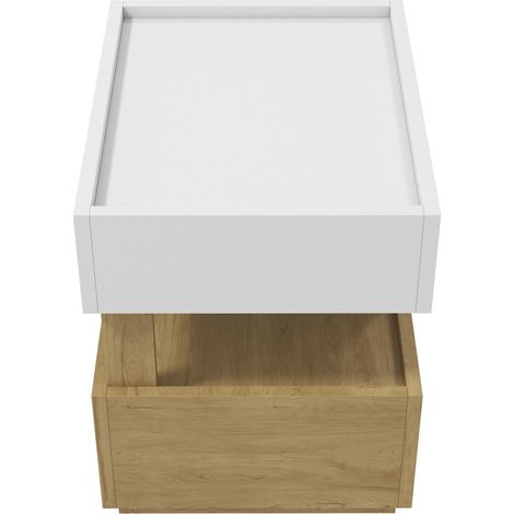 Comodino moderno a 2 livelli con 2 cassetti, luce LED e ricarica wireless, bianco e legno (1/5)