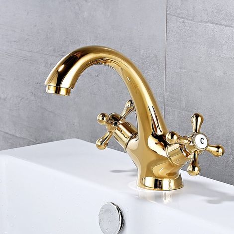 Robinet de salle de bain rétro doré, laiton antique, mitigeur de lavabo à deux poignées (1/5)