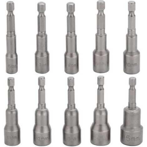 10 Pcs Embout Douille Visseuse à Choc 6-15mm Set Magnétique Hexagonale Douille Jeu de Embout Aimanté Perceuse Prise Hexagonale douille Set 1/4 Pouce pour Mandrin à Changement Rapide (1/5)
