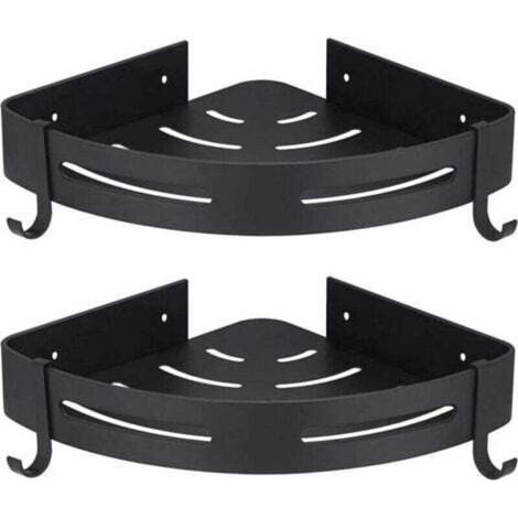 Support de douche d'angle sans perçage, lot de 2, avec crochets, noir, rangement de salle de bain, accessoires de salle de bain, porte-savon, support de douche, sans perçage (1/4)