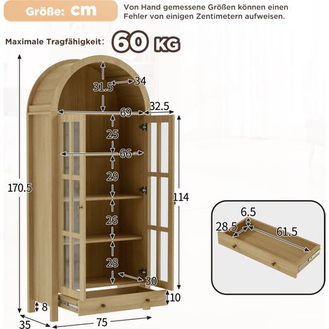 Hohe Vitrine 75 x 35 x 170,5 cm aus MDF in Natur, verstellbare Böden, Schublade – MEUBLIV (1/5)