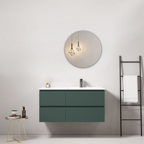 Mobile bagno sospeso cannettato 100 cm Verde Comodoro Lavabo a Destra in Ceramica Specchio Tondo - Fiji Paint