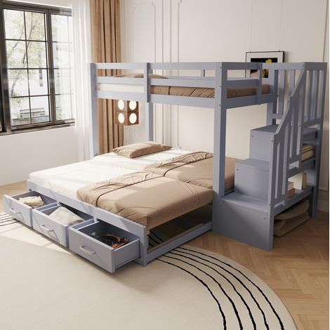 DESVIAE Lit superposé avec lit gigogne 90 x 200 cm 90 180 x 190 cm échelle de rangement avec tiroirs pin gris (1/5)
