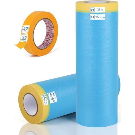 2 Rouleaux de Bache Protection Peinture avec Ruban Masquage Adhésif 150 cm x 25 m de Film de Masquage et 1 Masking Tape 25 mm x 50 m
