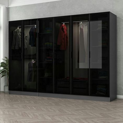 Dressing 6 portes verre, 2 tiroirs & cadre anthracite BYRON