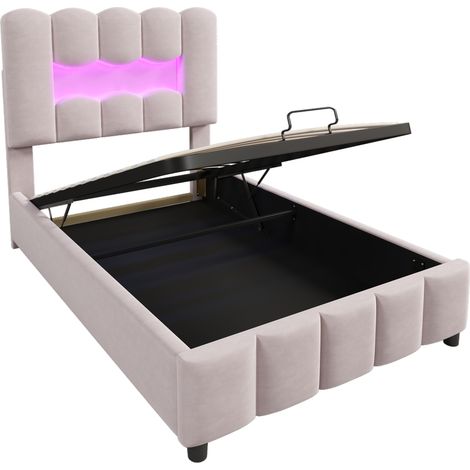 CAIziLit coffre 90x200 cm rose, velours, LED, tête réglable, vérin hydraulique (1/5)