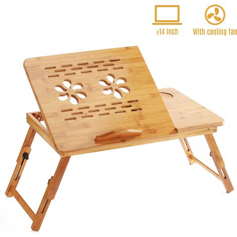 Table pliante en bambou pour ordinateur portable, plateau repas lit canapé réglable hauteur, inclinaison 4 angles, ventilateur refroidissement, tiroir, lecture écriture travail repas (1/2)