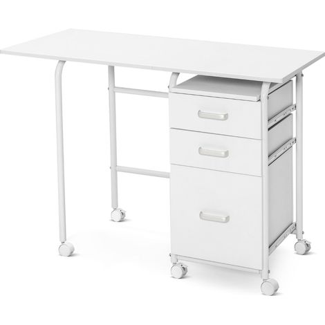 Bureau pliable avec 3 tiroirs 105 x 50 x 75 cm gain de place design moderne en MDF blanc