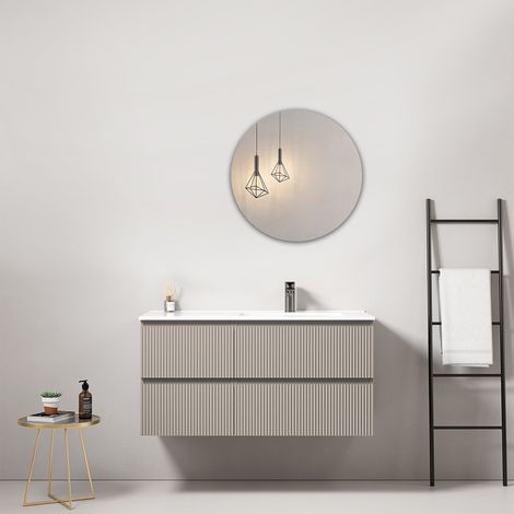 Mobile bagno sospeso cannettato 100 cm Grigio Cenere Lavabo a Destra in Ceramica Specchio Tondo - Fiji Paint (1/4)